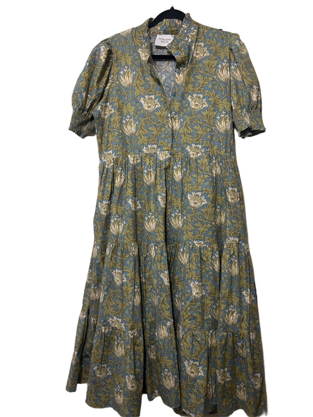 Hyacinth House Blue Green Floral Collared Tiered Midi Dress SMALL - Picture 7 of 13